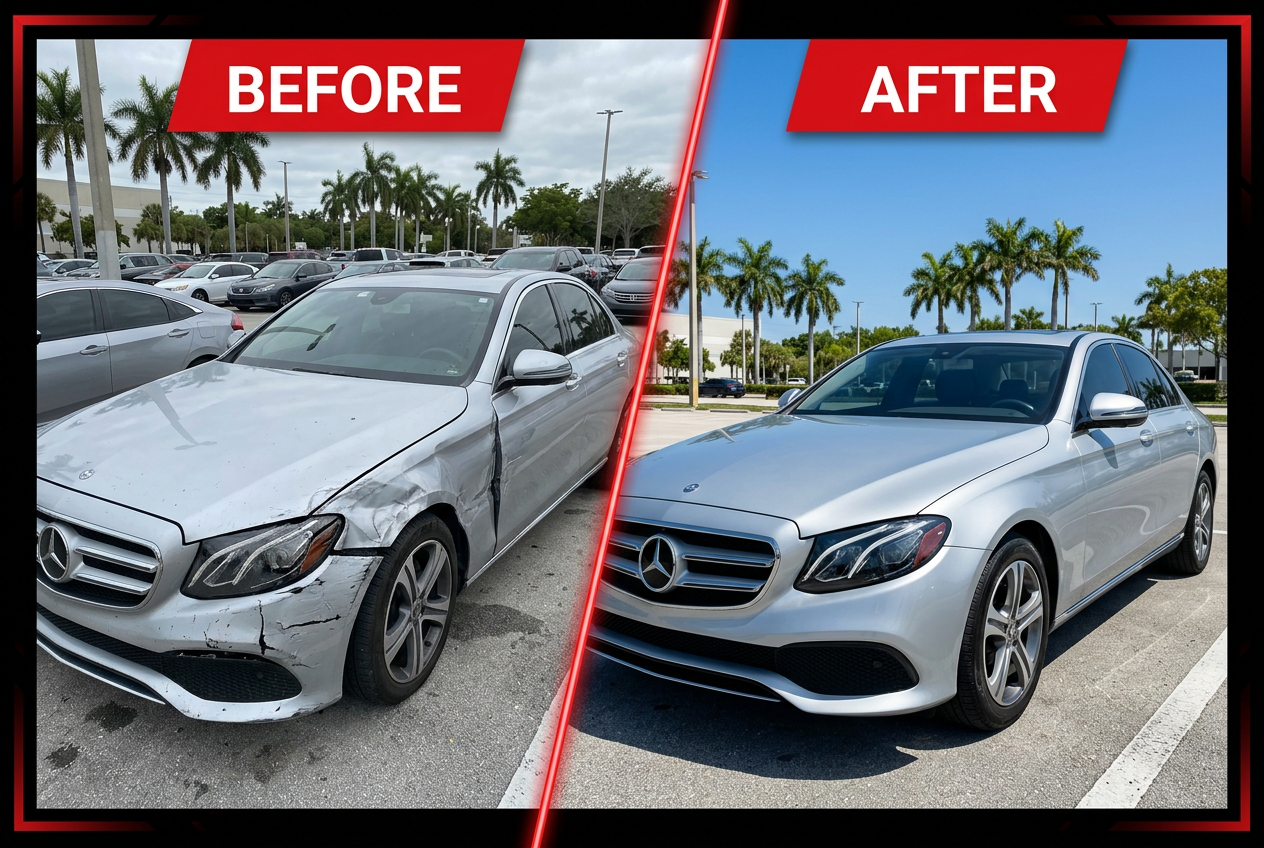 Mercedes-Benz Sedan collision repair before and after — Auto Evolution Miami
