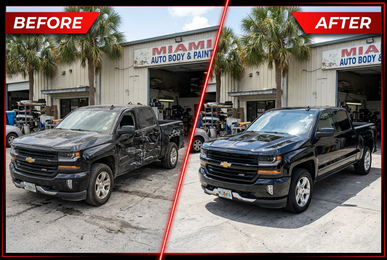 Pickup Truck collision repair before and after — Auto Evolution Miami
