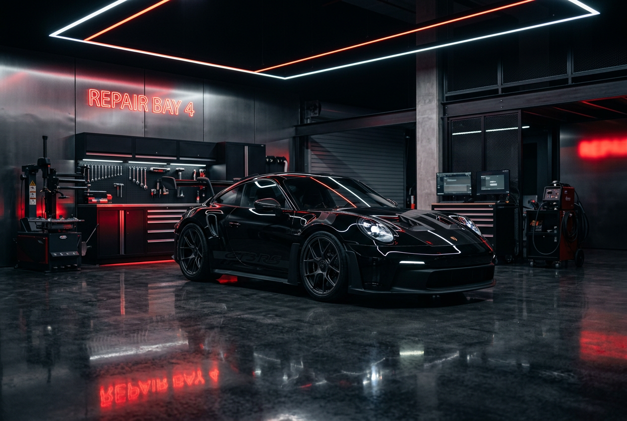 Premium black sports car in Auto Evolution collision repair shop Miami